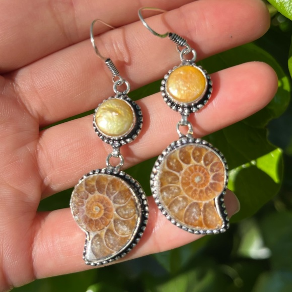 925 Silver‎ Overlay  Natural Fossilized Ammonite Earrings